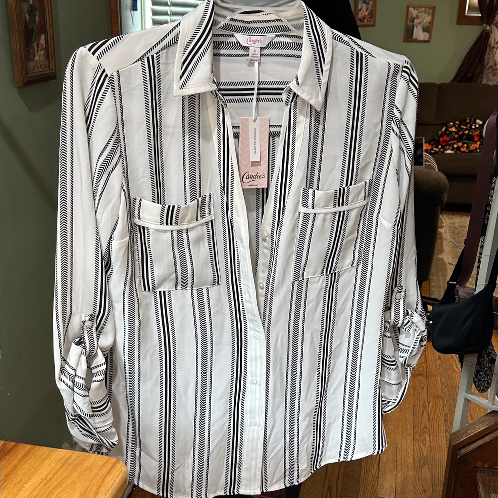 Candie's Monochrome Striped Button Down Shirt Size S
